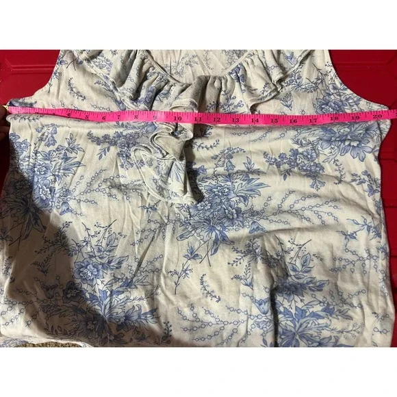 Lauren Ralph Lauren Floral Toile Ruffle V-Neck Sleeveless Cotton Top Blue XL - Picture 7 of 7